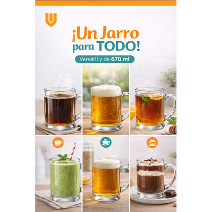 Vasos Mug Cerveza Vidrio Asa Parrilla Bar Hogar 670ml Transparente