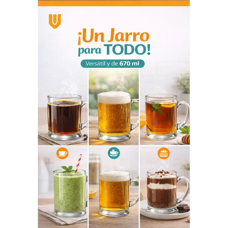 Vasos Cerveza Vidrio Asa Mug Disfrute Hogar 670 Ml Transpare Transparente