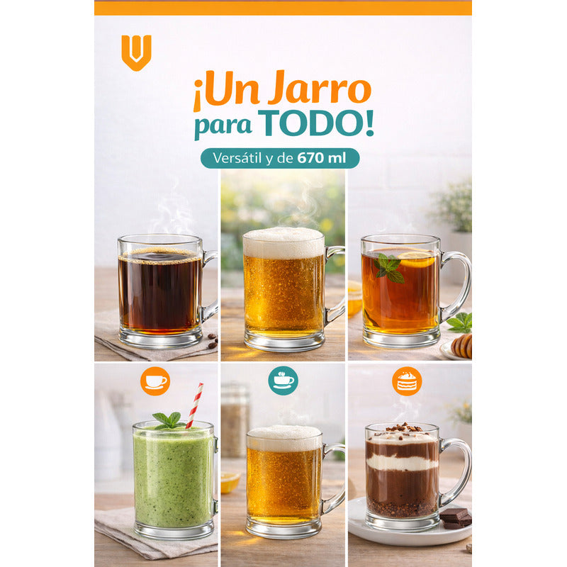 Vasos Cerveza Vidrio Asa Mug Disfrute Hogar 670 Ml Transparente