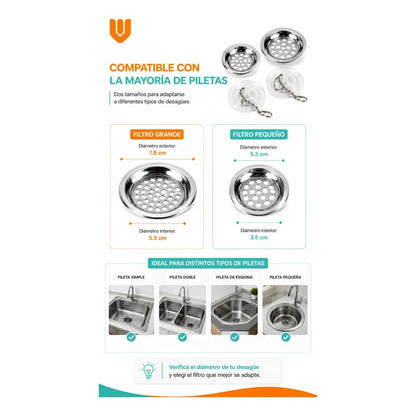 Set Rejillas Atrapa Basura  Fregadero Colador Lavaplatos Plateado / Blanco