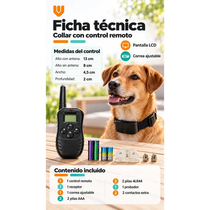 Collar Perro Entrenamiento Electrico Control Remoto Negro Collar Canino Correa Ajustable Tejida Hebilla Receptor Control Remoto Pantalla Pilas Incluidas Entrenamiento