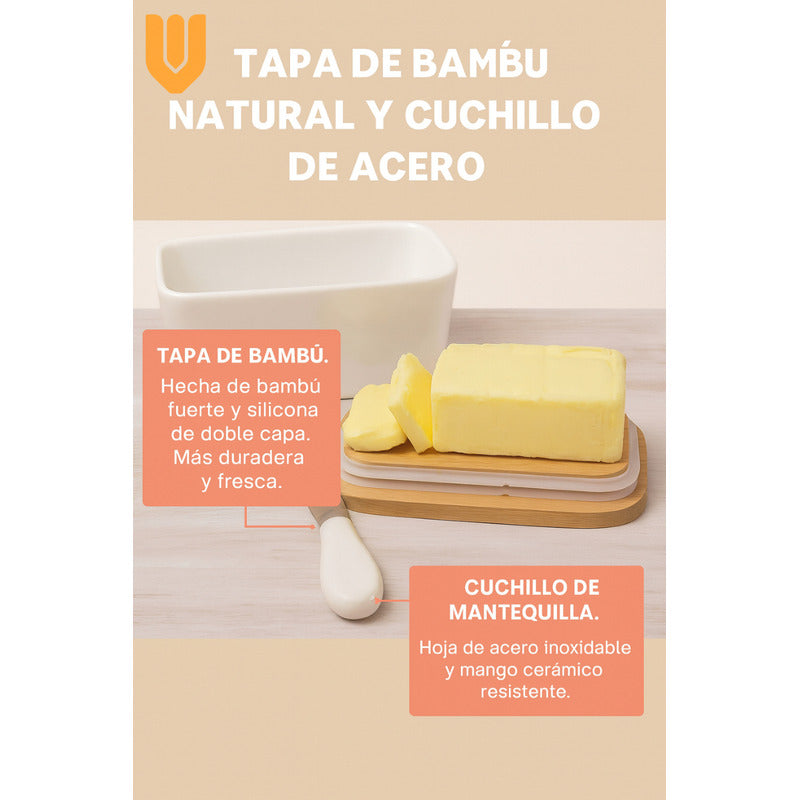 Mantequillero Ceramica Tapa Bambu Cuchillo Mantequilla Bambu