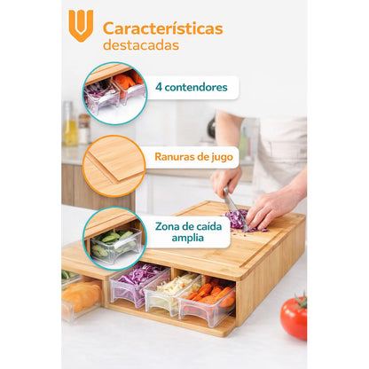 Tabla De Picar Vitrineon Bambu 40x27cm 4 Contenedores Liso Bambú
