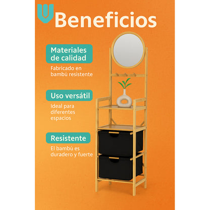 Organizador Bambú Ropa Espejo Doble Canasto Multifuncional