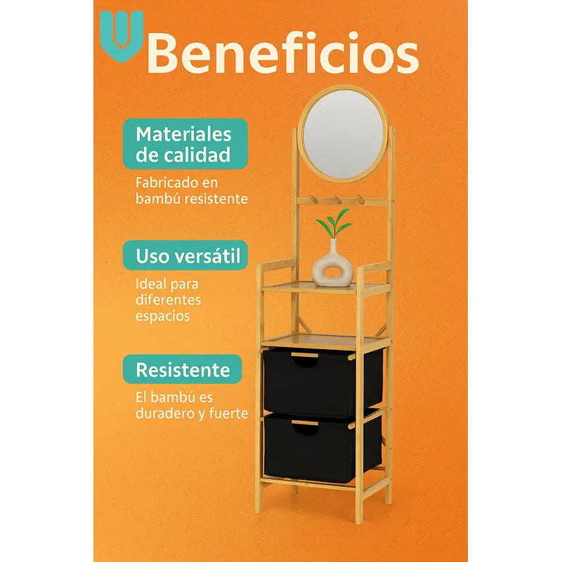 Organizador Bambú Ropa Espejo Doble Canasto Multifuncional Multicolor