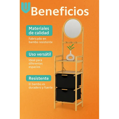 Organizador Bambú Ropa Espejo Doble Canasto Multifuncional Multicolor