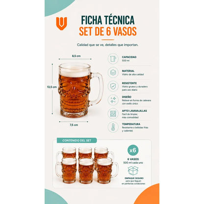 6 Vasos Chopero Calavera Vidrio Premium Whisky Bar Fiesta Tr Transparente