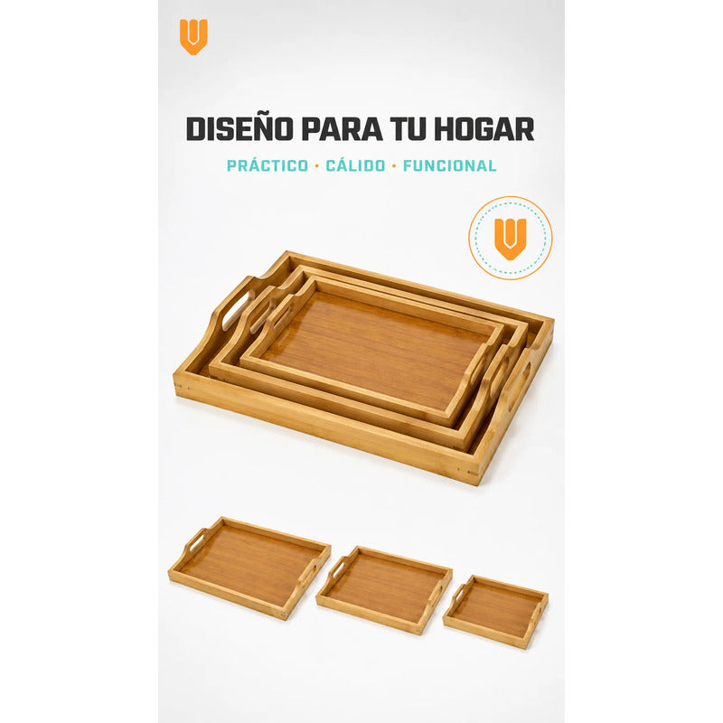 Set 3 Bandejas Asas Bambú Desayuno Servir Rectangulares Set 3 Bandejas Asas Rectangulares Asas Laterales Bordes Diseño Calado Apilables Servicio Hogar Cocina Set 3 Bandejas Asas Bambú