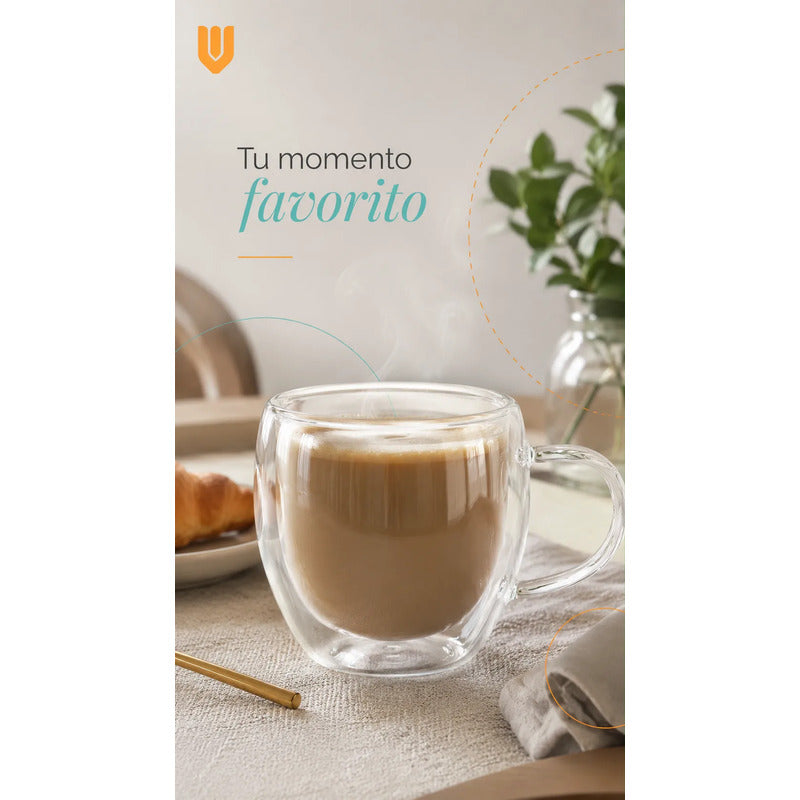 Taza Café Té Bebidas Calientes Espresso Frio Doble Pared Redondeado Doble Pared Cuerpo Curvo Asa Ergonómica Boca Circular Base Estable Estilo Moderno Individual Hogar Uso Transparente Cristal...