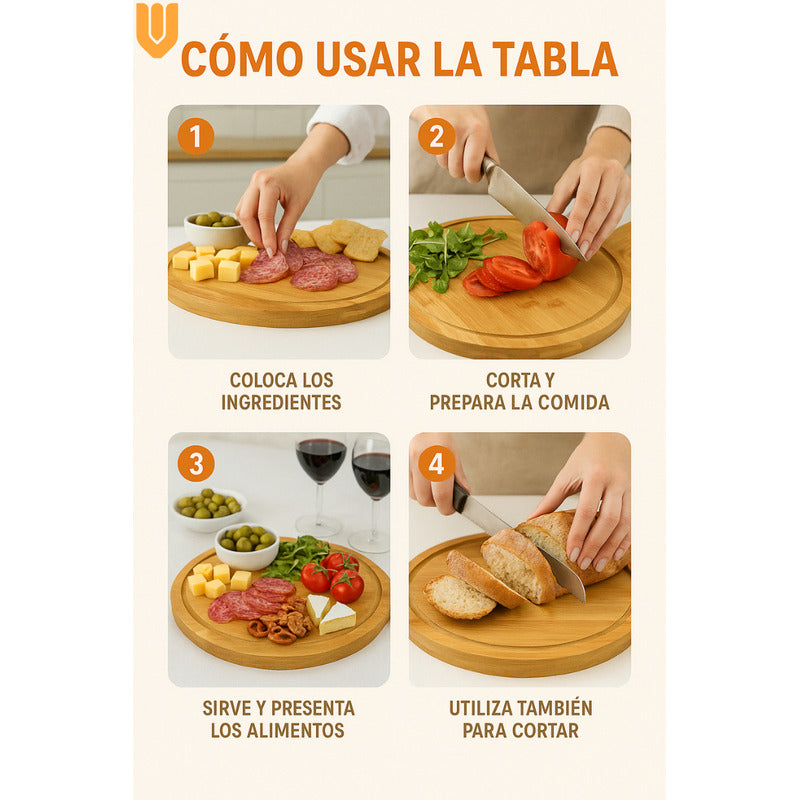 Tabla Bambú Redonda Pizza Picoteo 32x45cm Canaleta 2cm Bpa