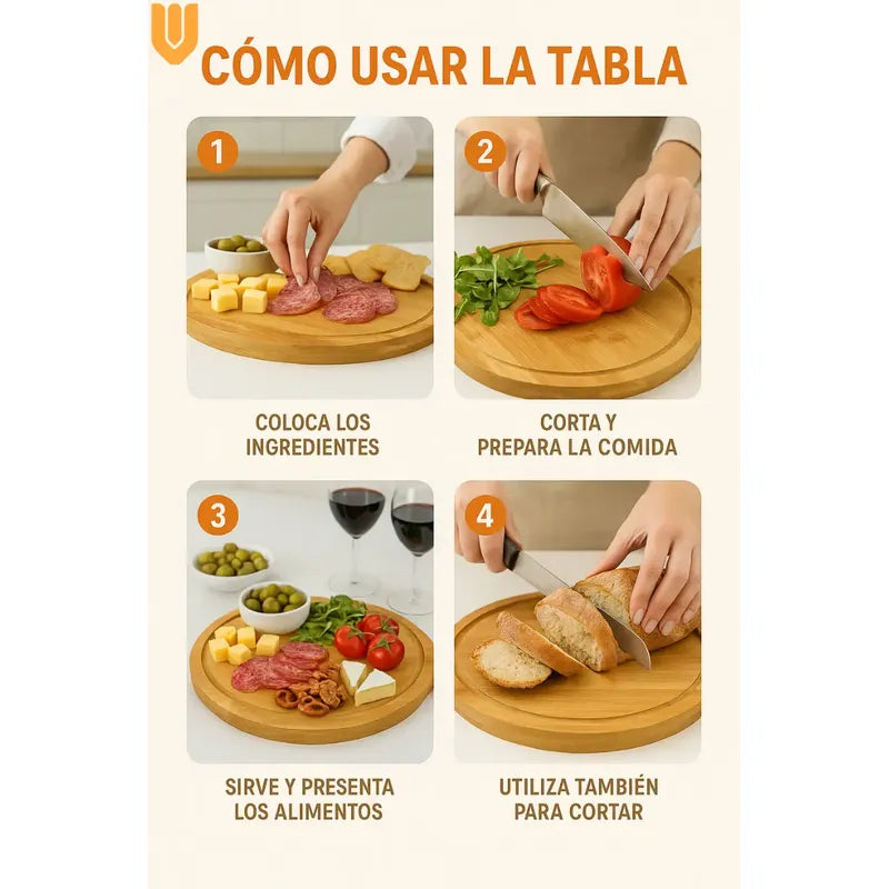 6 Tabla Bambu Redonda Picoteo Pizza Servir 32x45cm Canaleta Tabla Redonda Bambú