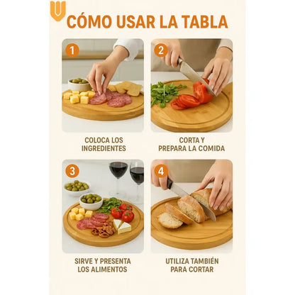 6 Tabla Bambu Redonda Picoteo Pizza Servir 32x45cm Canaleta Tabla Redonda Bambú