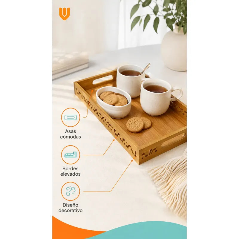 Set 3 Bandejas Desayuno Rectangular Bambú Servir Decorativas Set 3 Bandejas Bambú Rectangulares Asas Laterales Bordes Diseño Calado Apilables Servicio Hogar Cocina Set 3 Bandejas Desayuno