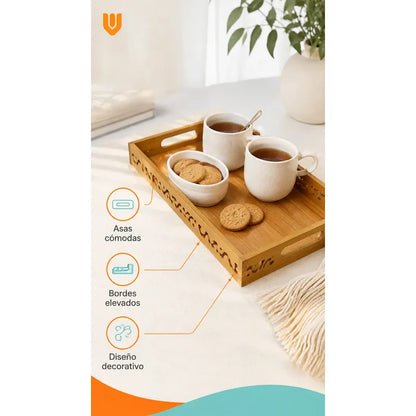 Set 3 Bandejas Desayuno Rectangular Bambú Servir Decorativas Set 3 Bandejas Bambú Rectangulares Asas Laterales Bordes Diseño Calado Apilables Servicio Hogar Cocina Set 3 Bandejas Desayuno