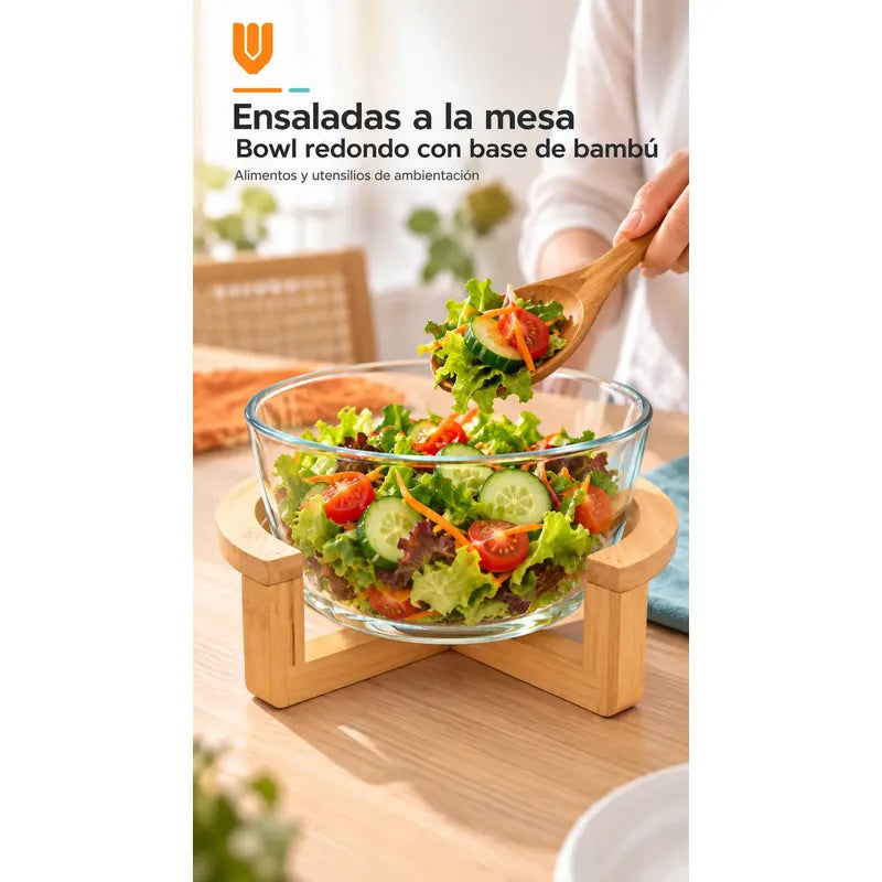 Bowl Vidrio Ensaladera Redonda Base Madera Bambu 18cm Transparente Base Bambu Bowl Redondo Vidrio Transparente Base Bambú Natural Soporte Cruzado Ensaladera Mesa Cocina 18cm