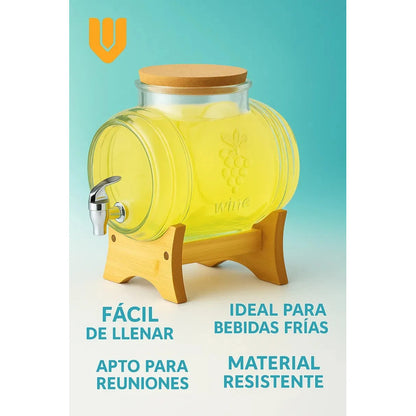 Dispensador Bebidas Vidrio 5l Base Bambu Canilla Plastica 32 5cm Altura 58cm Diametro 2kg Frasco Transparente Hogar Eventos Juntas Fiestas Agua Jugo Mesa Buffet Reuniones Cocina Premium