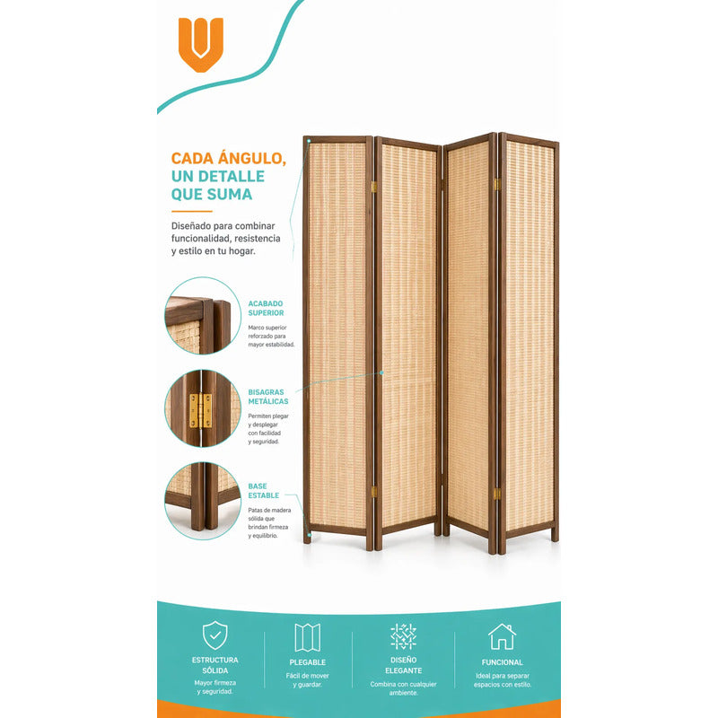 Biombo Separador Ambientes 4 Paneles 180cm Tela Plegable Biombo Tela Trenzada Panel Plegables Decoración Interior Elegante Divisor Ambientes Estilo Contemporáneo Funcional Hogar Beige