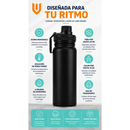 Termo Botella Acero Inoxidable Agua Termica Bebidas Camping Negro
