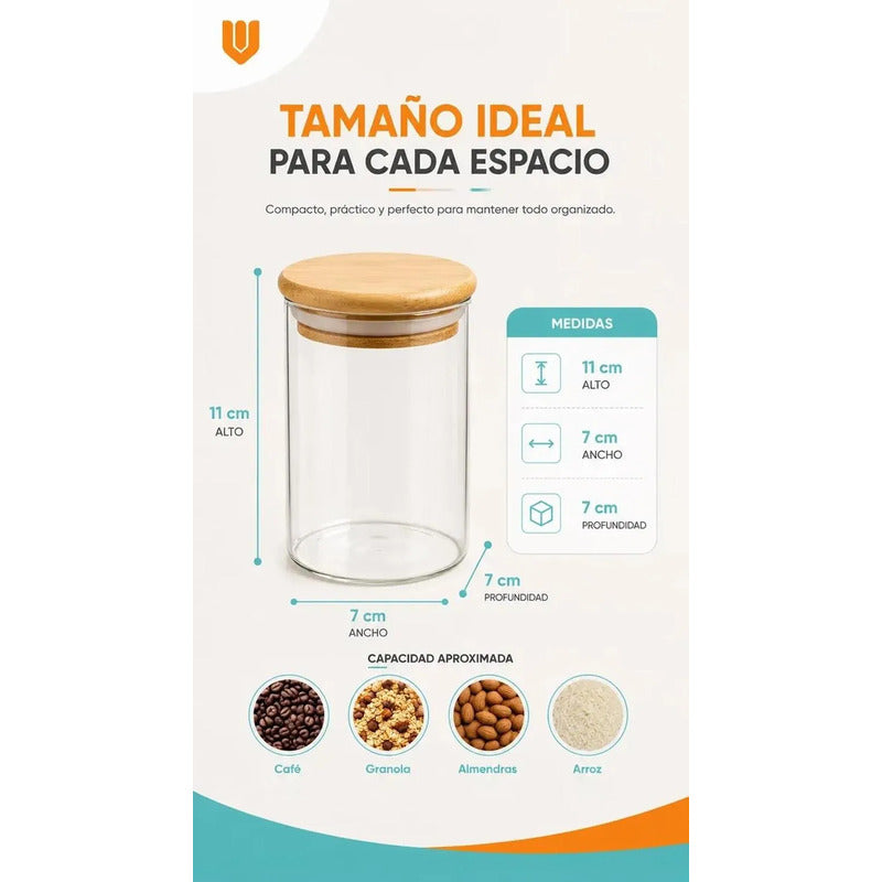 Frasco Vidrio Cocina Hermetico Cilindrico Tapa Bambu 250 Ml 250ml Frasco Vidrio Hermético Tapa Bambú Cilíndrico Cristal Transparente Organizador Cocina Alimentos Gourmet Premium 250 Ml