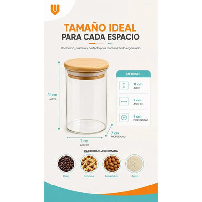 Frasco Vidrio Cocina Hermetico Cilindrico Tapa Bambu 250 Ml 250ml Frasco Vidrio Hermético Tapa Bambú Cilíndrico Cristal Transparente Organizador Cocina Alimentos Gourmet Premium 250 Ml