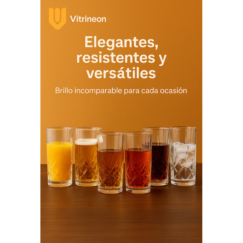 Set 6 Vasos Vidrio Altos Vaso Cristal Tallados Bebidas 380ml
