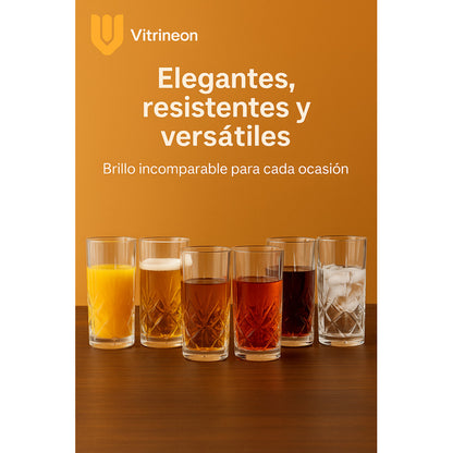 Set 6 Vasos Vidrio Altos Vaso Cristal Tallados Bebidas 380ml