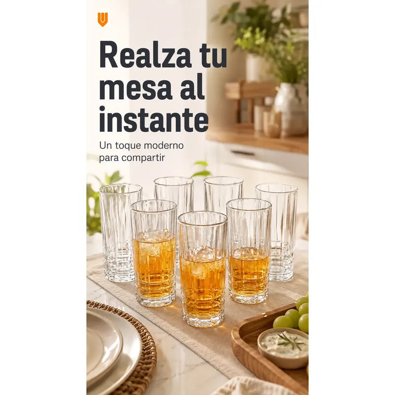 Set Vasos Vidrio Jugo Bebida Transparente Cristal 300 Ml Transparente Cristalino Vidrio Incoloro Brillante Elegante Neutro Cocina Comedor Jugos Bebidas Cocteles Pack 6 Vasos 300 Ml