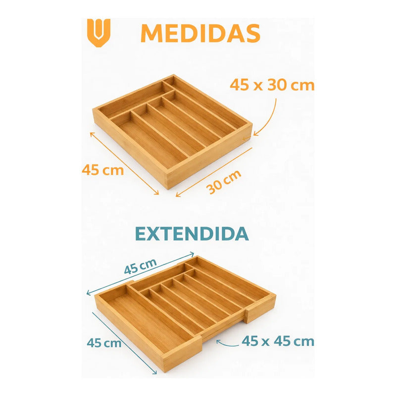 Organizador Cubiertos Bambú Expandible Cajón Cocina Ajustabl Bambú