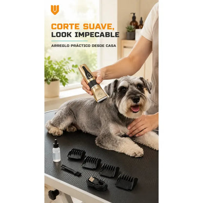 Maquina Peluquera Profesional Corta Pelo Mascotas Perro Gato Negro Dorado Acabado Brillante Rasuradora Mascotas Geemy Gm6063 Cuerpo Oscuro Detalles Oro Peines Tijera Lima Kit Cortes