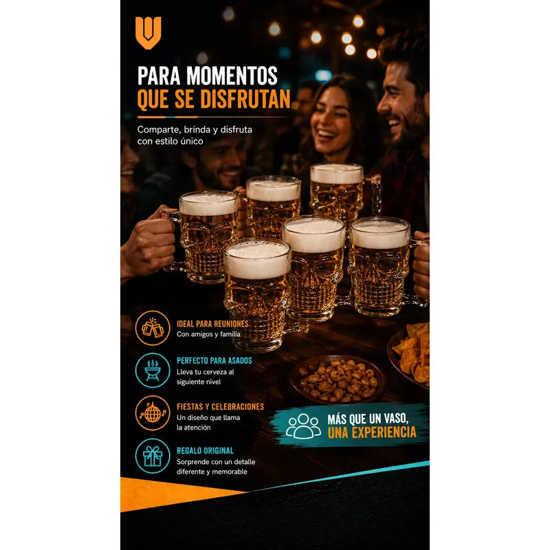 12 Vasos Cerveceros Calavera Vidrio Shopero Premium Bar Transparente
