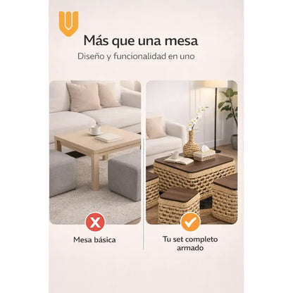 Mesa Centro Rustico Compacto Living Nordico Espacio Reducido Tono Natural Marron Claro Estilo Organico Acabado Calido Textura Ratan Visible Combinacion Madera Look Decorativo Elegante Ambiente