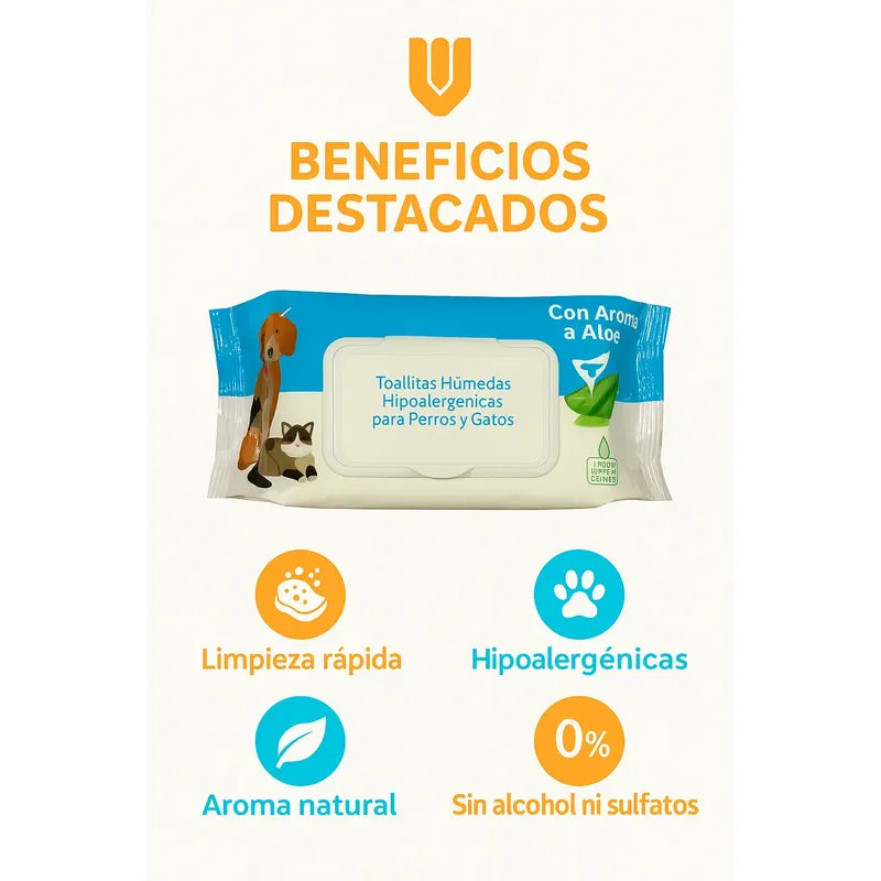 Toallitas Aloe Vera Hidratante Piel Sensible Mascotas 50u