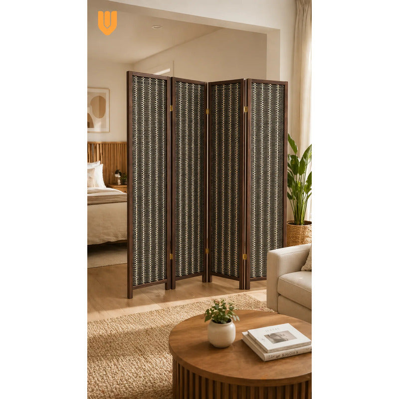 Biombo Decorativo Moderno Estructura Madera Estilo Funcional Biombo Tela Trenzada Panel Plegables Decoración Interior Elegante Divisor Ambientes Estilo Contemporáneo Funcional Hogar Beige