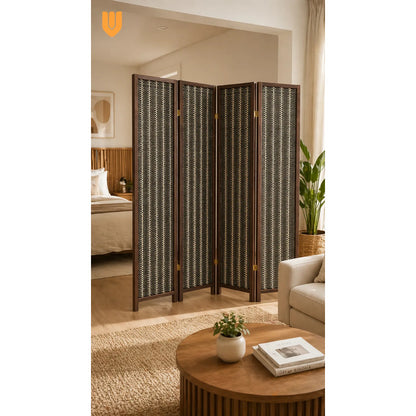 Biombo Decorativo Moderno Estructura Madera Estilo Funcional Biombo Tela Trenzada Panel Plegables Decoración Interior Elegante Divisor Ambientes Estilo Contemporáneo Funcional Hogar Beige