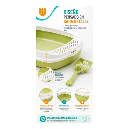 Arenero Felino Plastico Resistente Evita Derrames Limpieza M Verde