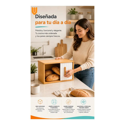Panadera Caja Madera Bambu Tapa Enrollable Grande Multiuso Bambu Natural Beige Madera Clara Arena Nordic Organico Calido Rustico Minimalista Elegante Premium Cocina Hogar Panera Bambu Enrollable...