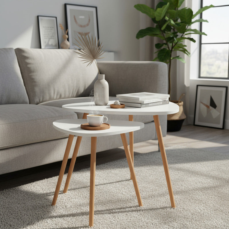 Set 2 Mesas Centro Nórdicas Blancas Mdf Madera Minimalistas