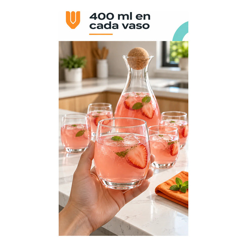 Jarra Vidrio 1800ml Jugo Tapa Corcho 6 Vasos 400 Ml Transparente Jarra Agua Jugo Vidrio Transparente Vasos Curvos Set 1800 Ml 400 Ml Tapón Bola Corcho Cocina Comedor 1800ml