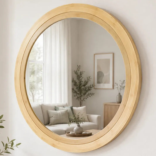 Espejo Decorativo Pared Bambu Cristal Moderno Decoracion Hog Bambu Natural Bambu Claro Madera Beige Arena Nordico Boho Escandinavo Decorativo Espejo Redondo Pared Baño Dormitorio Interior