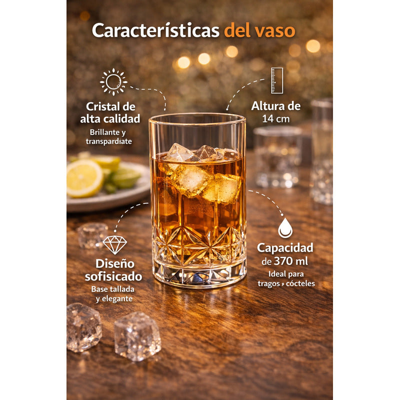 Set 6 Vaso Diamante Cristal 370ml Bebidas Bar Coctel Premium Vaso Diamante Vidrio Transparente 370ml Bebidas Cocteles Cerveza Jugos Bar Mesa Hogar Estilo Elegante Cristal Tallado