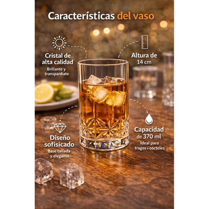 Set 6 Vaso Diamante Cristal 370ml Bebidas Bar Coctel Premium Vaso Diamante Vidrio Transparente 370ml Bebidas Cocteles Cerveza Jugos Bar Mesa Hogar Estilo Elegante Cristal Tallado
