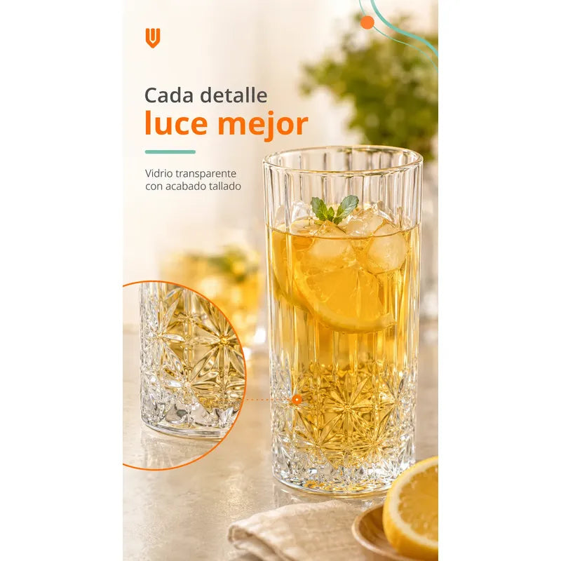 Set 6 Vasos Vidrio Altos 300 Ml Diseño Diamante Transparente Transparente Cristal Vidrio Claro Elegante Brillante Vaso Alto Set 6 Cócteles Jugos Bebidas Cocina Hogar Bar Uso