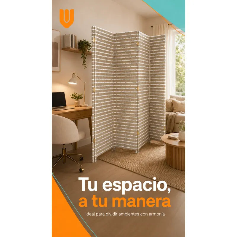 Biombo Separador Plegable Living Dormitorio Oficina 180 Cm Tejido Geométrico Trenzado Natural Líneas Horizontales Paneles Plegables Decoración Moderna Interior Elegante Premium Beige Arena Gris...