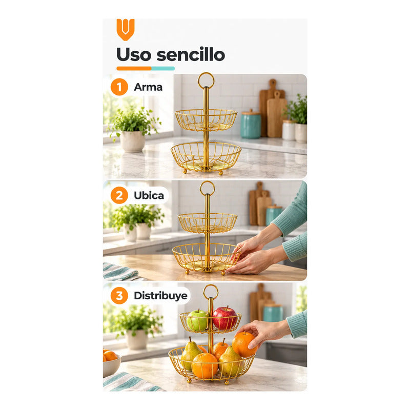Frutero Mesa Hierro Dorado 2 Niveles 43cm Canasto Cestas Dorado Frutero Doble Dorado Dos Niveles Cestas Circulares Abiertas Soporte Central Argolla Superior Alto 43cm Diseño 43x28