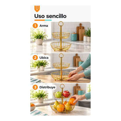 Frutero Mesa Hierro Dorado 2 Niveles 43cm Canasto Cestas Dorado Frutero Doble Dorado Dos Niveles Cestas Circulares Abiertas Soporte Central Argolla Superior Alto 43cm Diseño 43x28