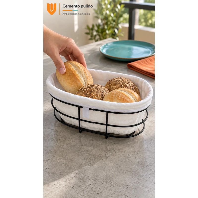 Panera Canasto Tela Ovalada 29cm Base Metal Servir Pan Blanco Panera Ovalada Canasta Pan Tela Metal Negro Borde Plegado Base... 29cm