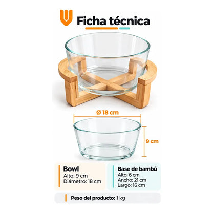 Bowl Vidrio Ensaladera Redonda Base Madera Bambu 18cm Transparente Base Bambu Bowl Redondo Vidrio Transparente Base Bambú Natural Soporte Cruzado Ensaladera Mesa Cocina 18cm