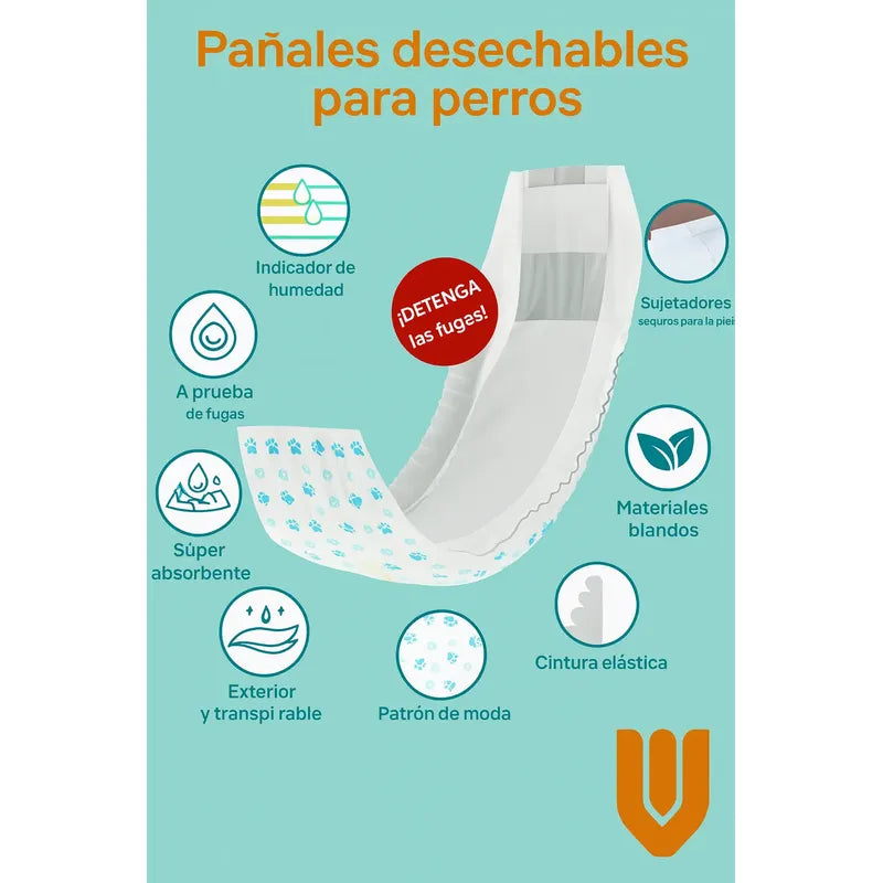 24 Pañales Desechables Perro Gato Incontinencia Ajustable S Blanco Macho S 42x17 Cm