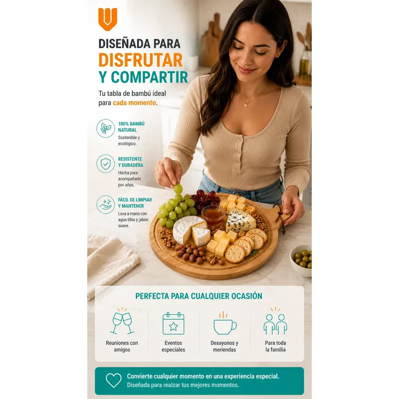 Tabla Bambu Pizza Picoteo Redonda Uso Hogar Cocina Resistent Bambú Natural Gourmet Artesanal Cocina Elegante Minimalista Rustico Premium Presentacion Pizza Picoteo Marron Natural Bambú Madera...