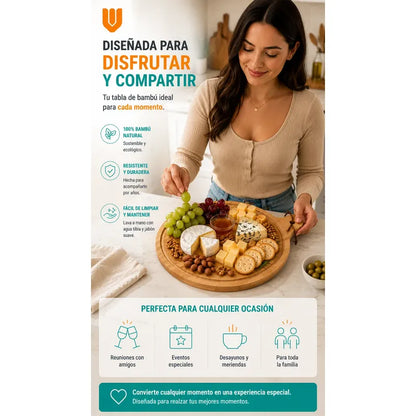 Tabla Bambu Pizza Picoteo Redonda Uso Hogar Cocina Resistent Bambú Natural Gourmet Artesanal Cocina Elegante Minimalista Rustico Premium Presentacion Pizza Picoteo Marron Natural Bambú Madera...